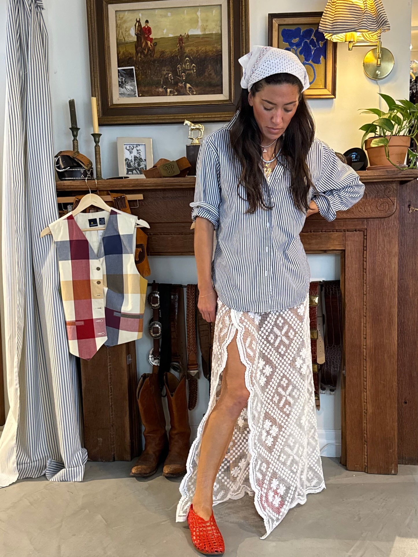 White Lace Antique Tablecloth Maxi Skirt