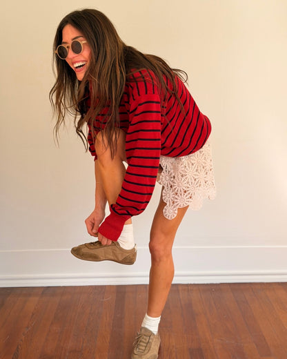 Red and Navy Stripe Cotton Polo Knit