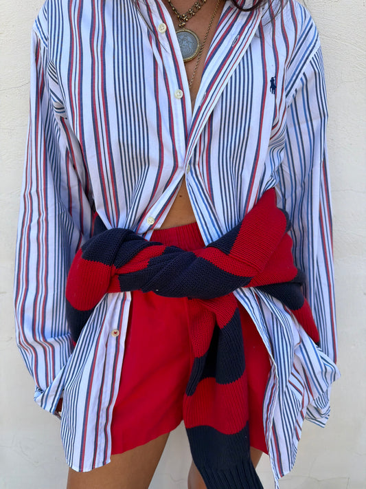 Red Cotton Twill Sporty Pull-on Shorts