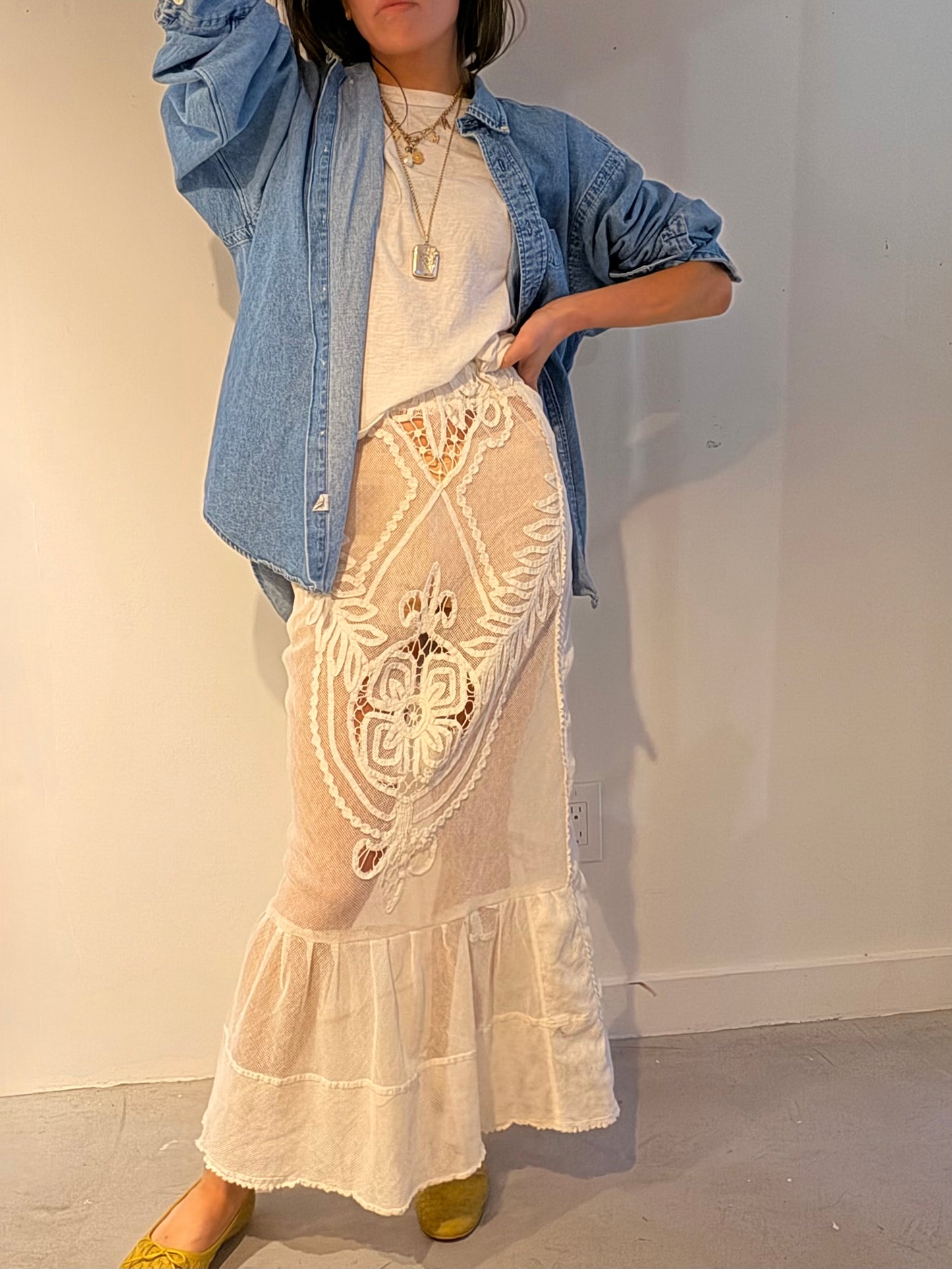 Net Embroidery Maxi Skirt with Flounce