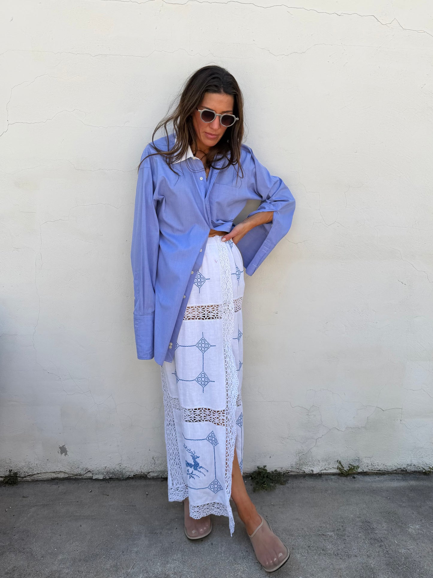 White Scandi Maxi Skirt w/ Blue Embroidery