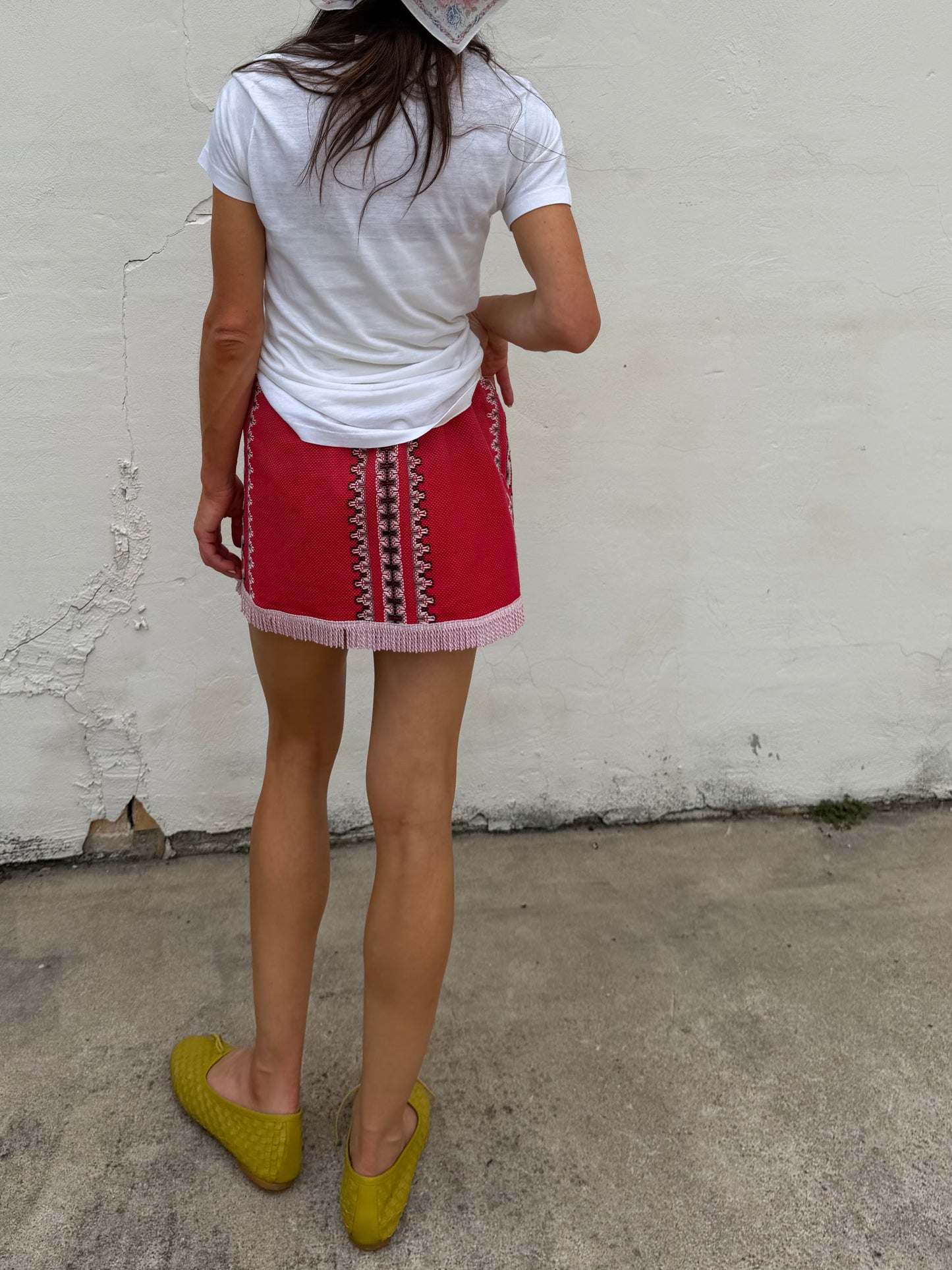 Pink Fringe Trim Woven Textile Mini Skirt