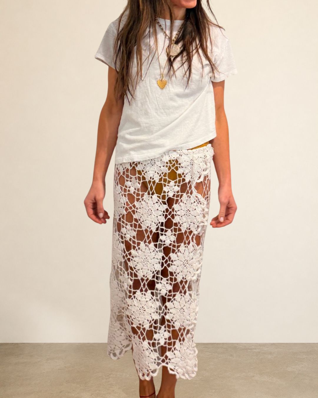 Openwork Crochet Lace Midi Skirt