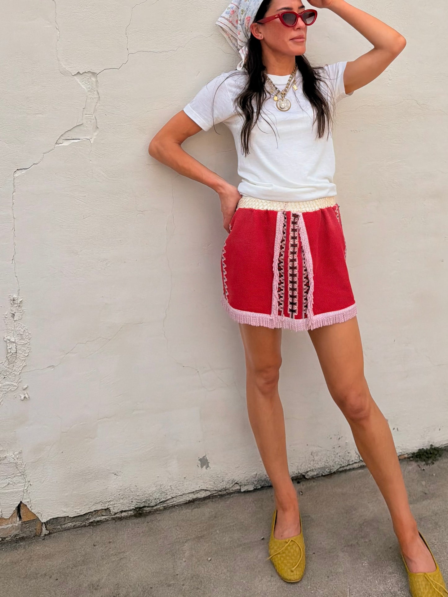 Pink Fringe Trim Woven Textile Mini Skirt