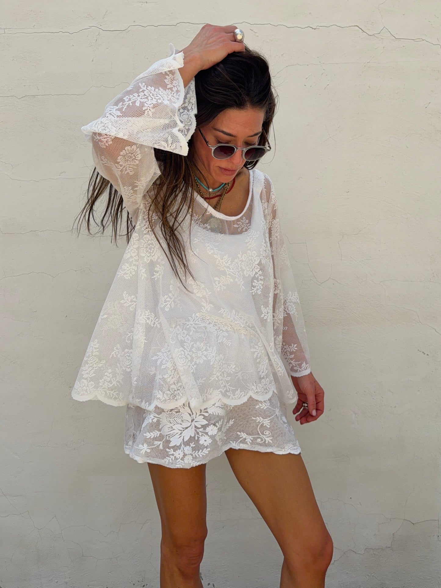 Sheer Lace Bell Sleeve Top