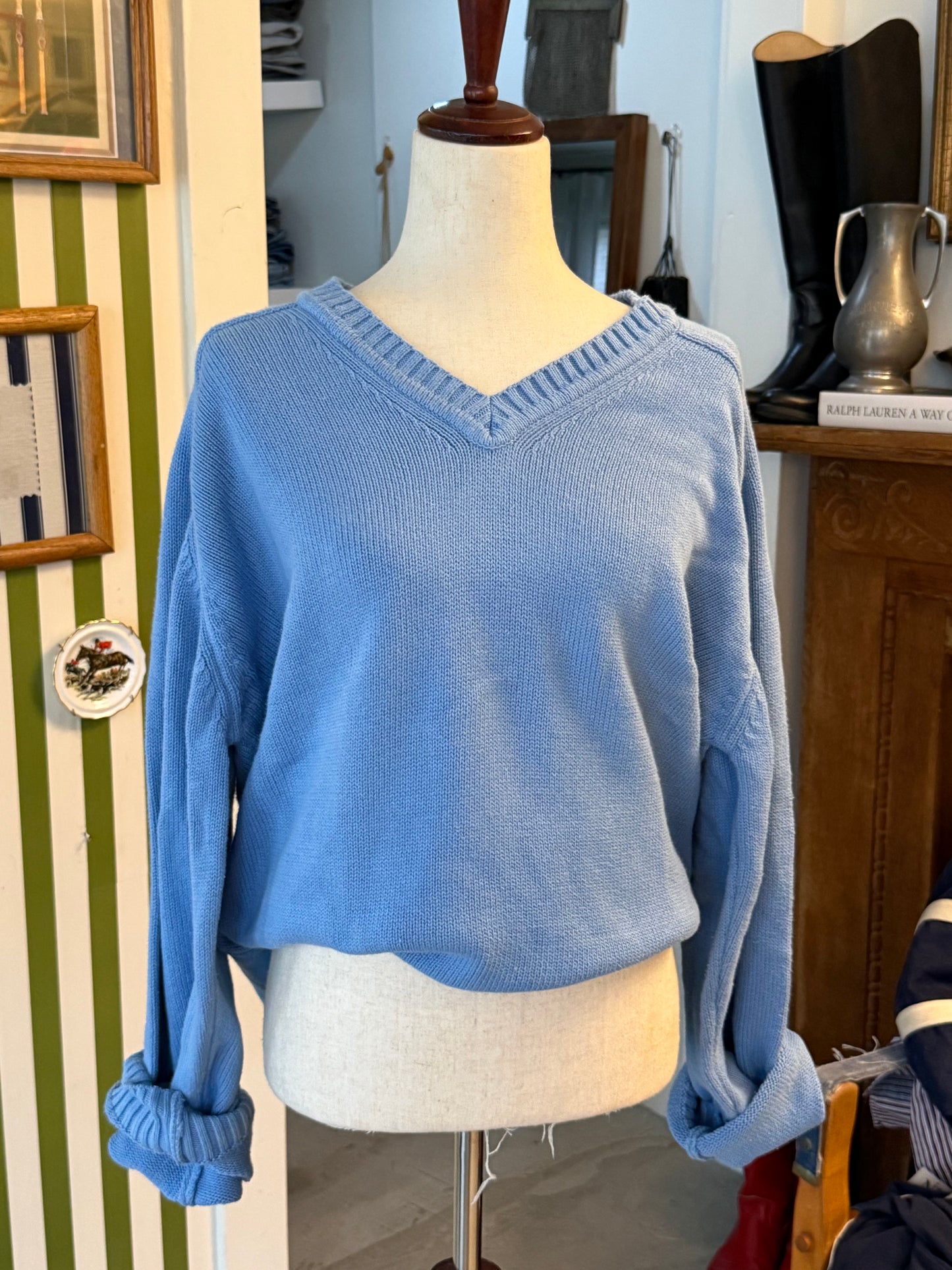 90s LL Bean Cotton V Neck French Blue