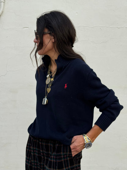 Navy Cotton Polo Neck Knit