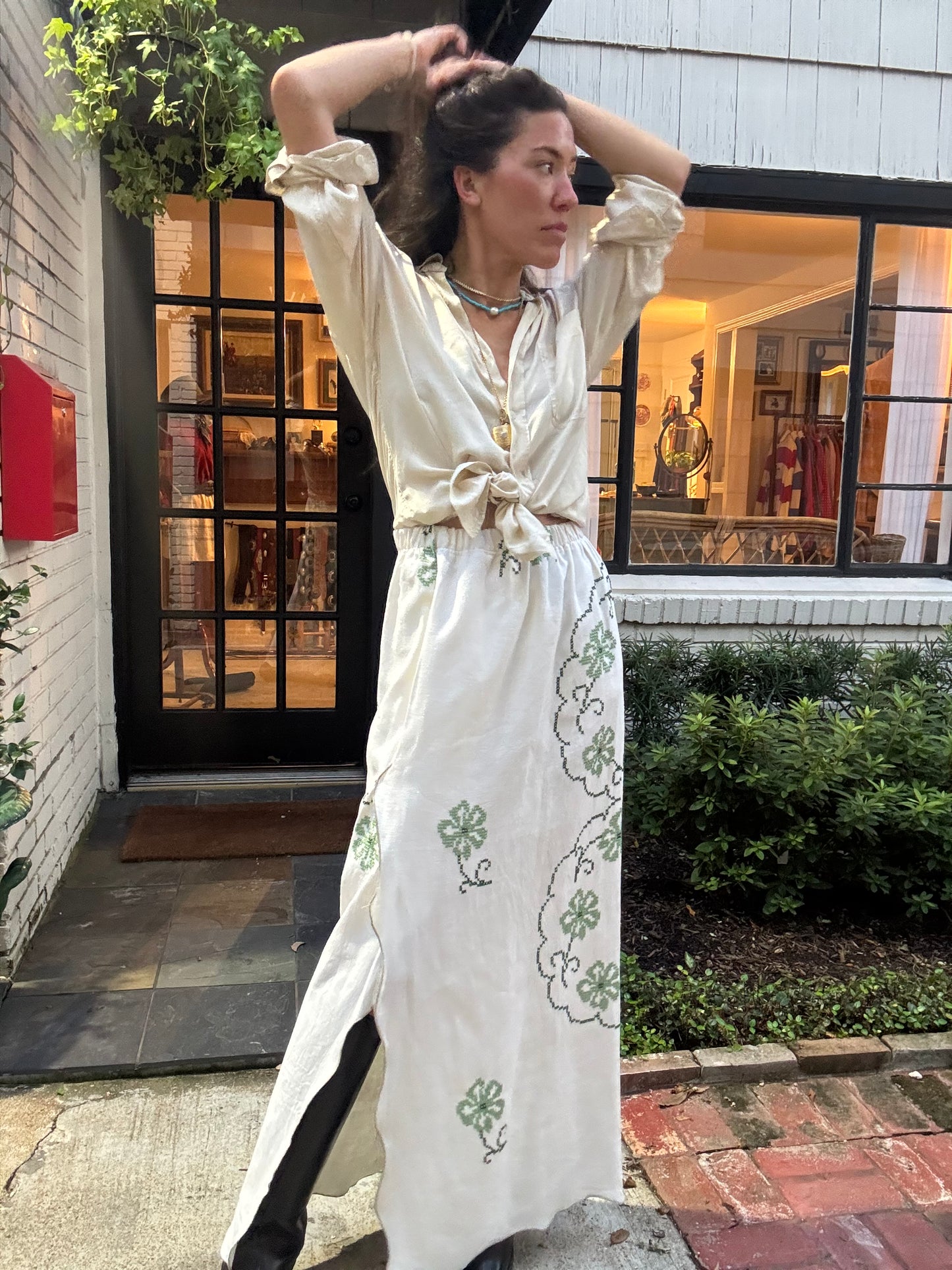 Green Floral Cross-stitched Maxi Skirt