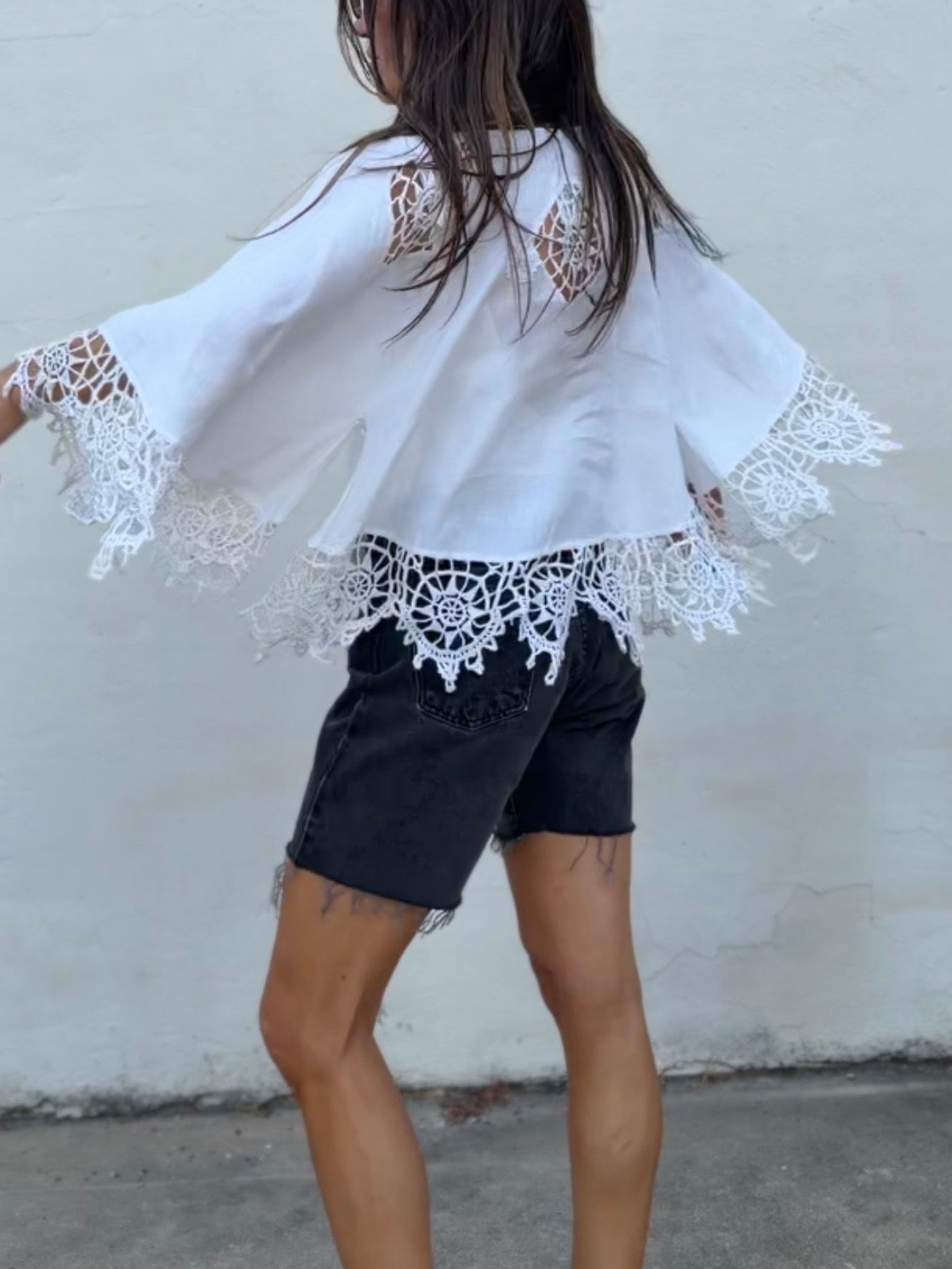 Lace Trimmed Cutwork Linen Bell Sleeve Top