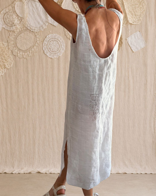 Gauzy Antique Linen Tablecloth Dress White