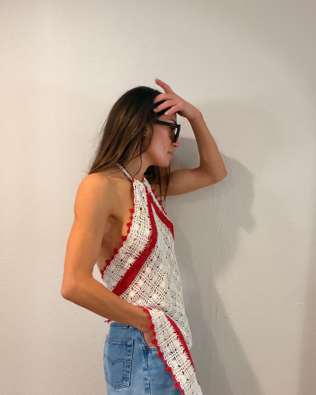 Vintage Crochet Halter Red White