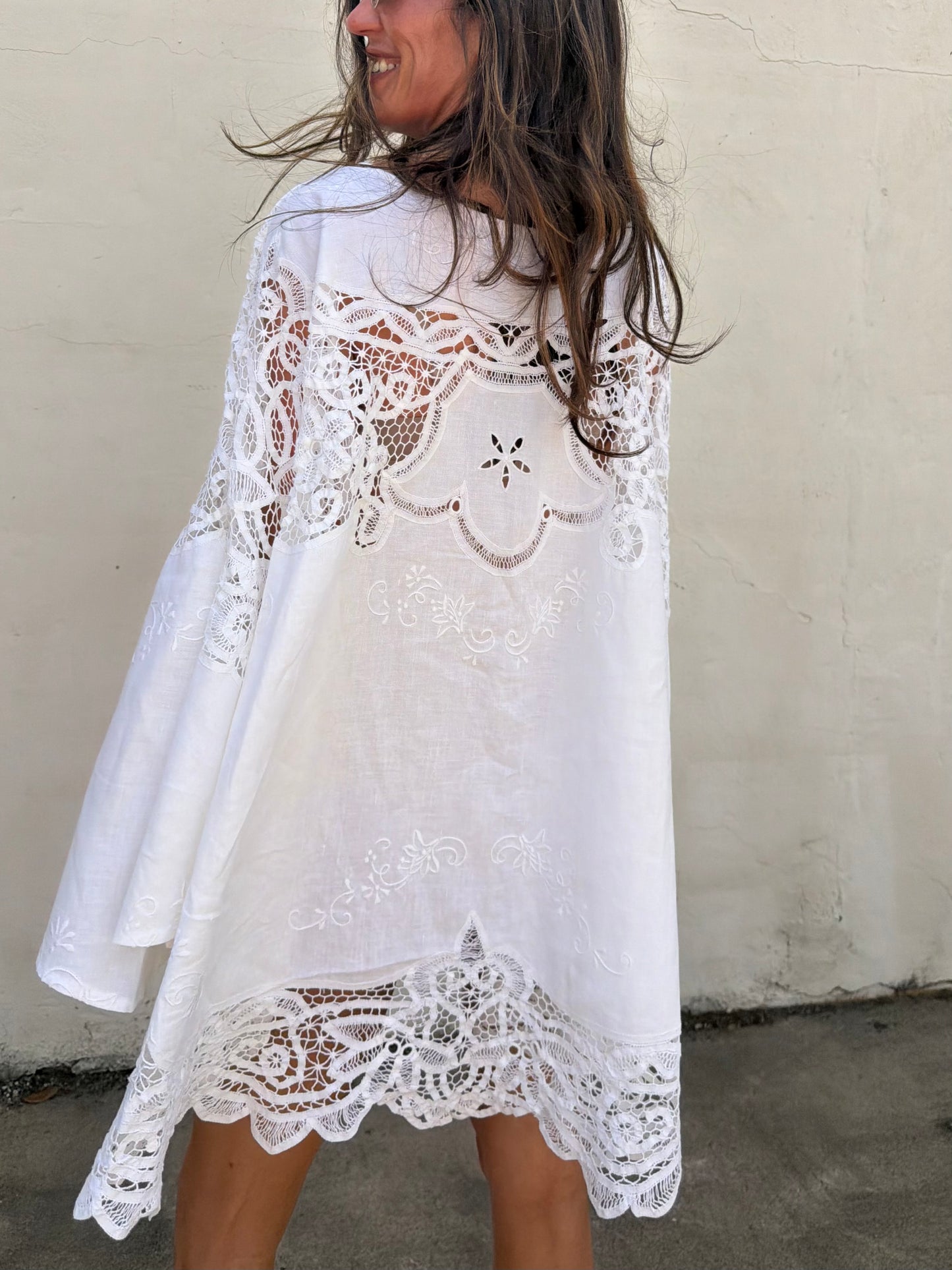 Bell Sleeve Cutwork Mini Dress