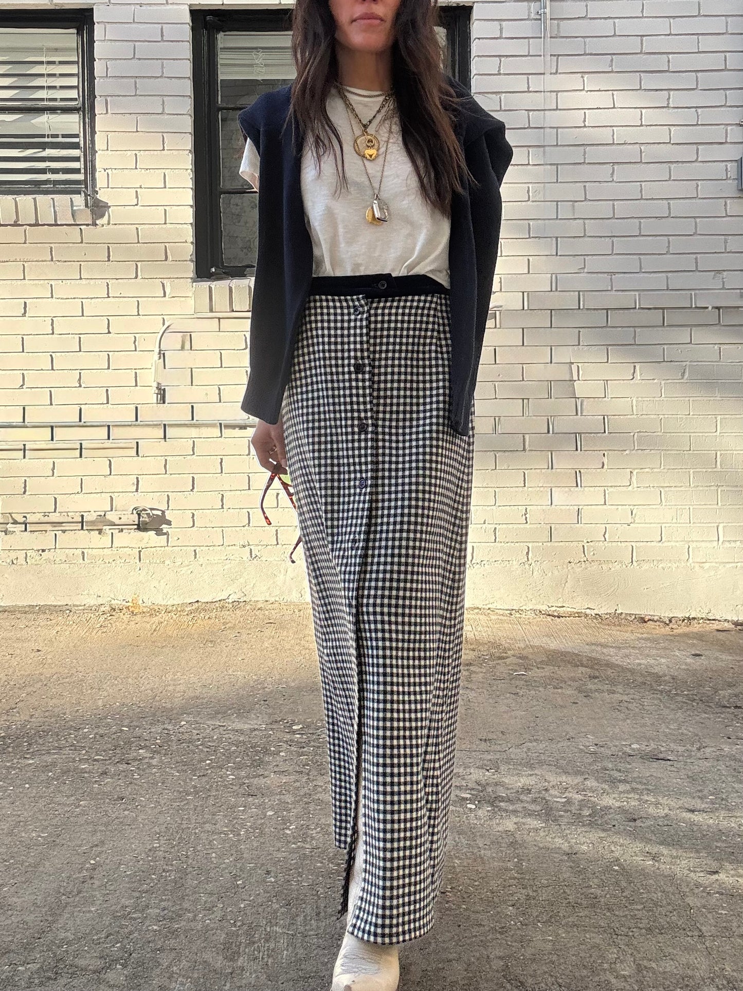 Navy Check Button Front Wool Skirt