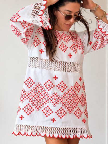 Hungarian Embroidered and Crochet Trim Mini Dress