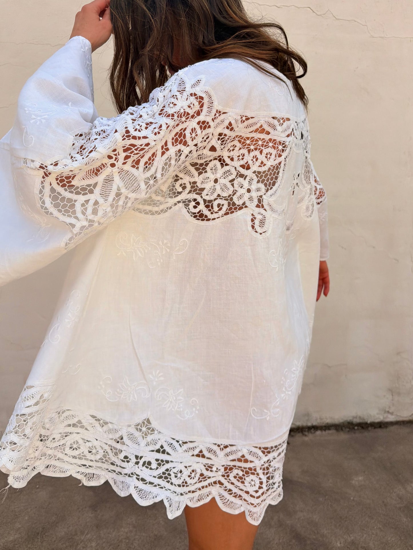 Bell Sleeve Cutwork Mini Dress