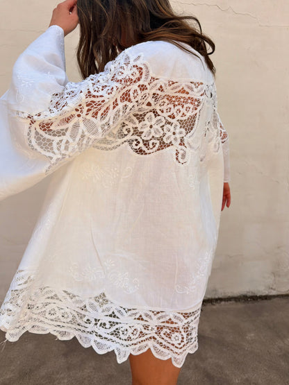 Bell Sleeve Cutwork Mini Dress
