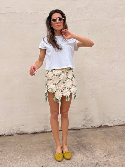 Green and Cream Crochet Fringe Mini