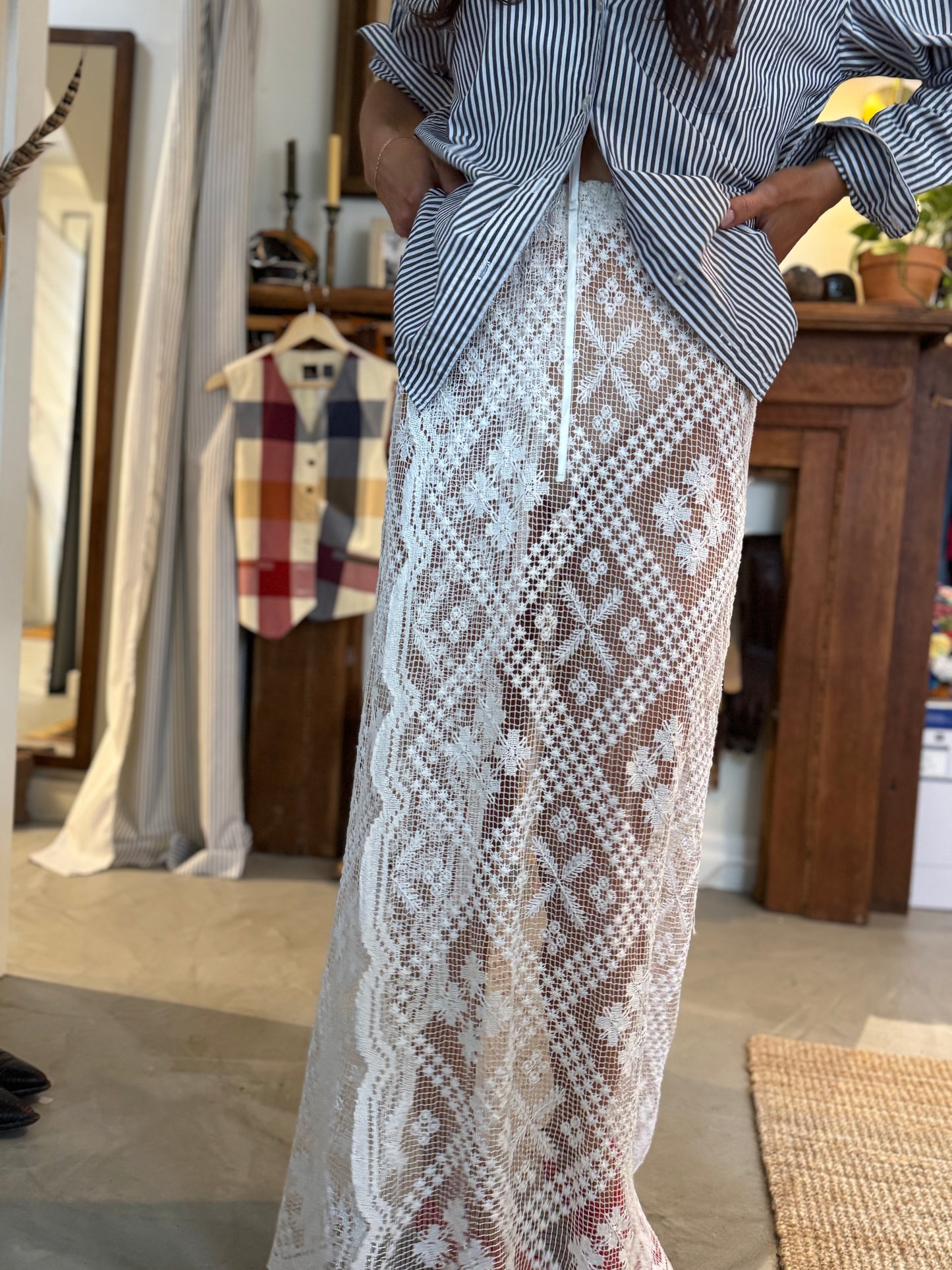White Lace Antique Tablecloth Maxi Skirt