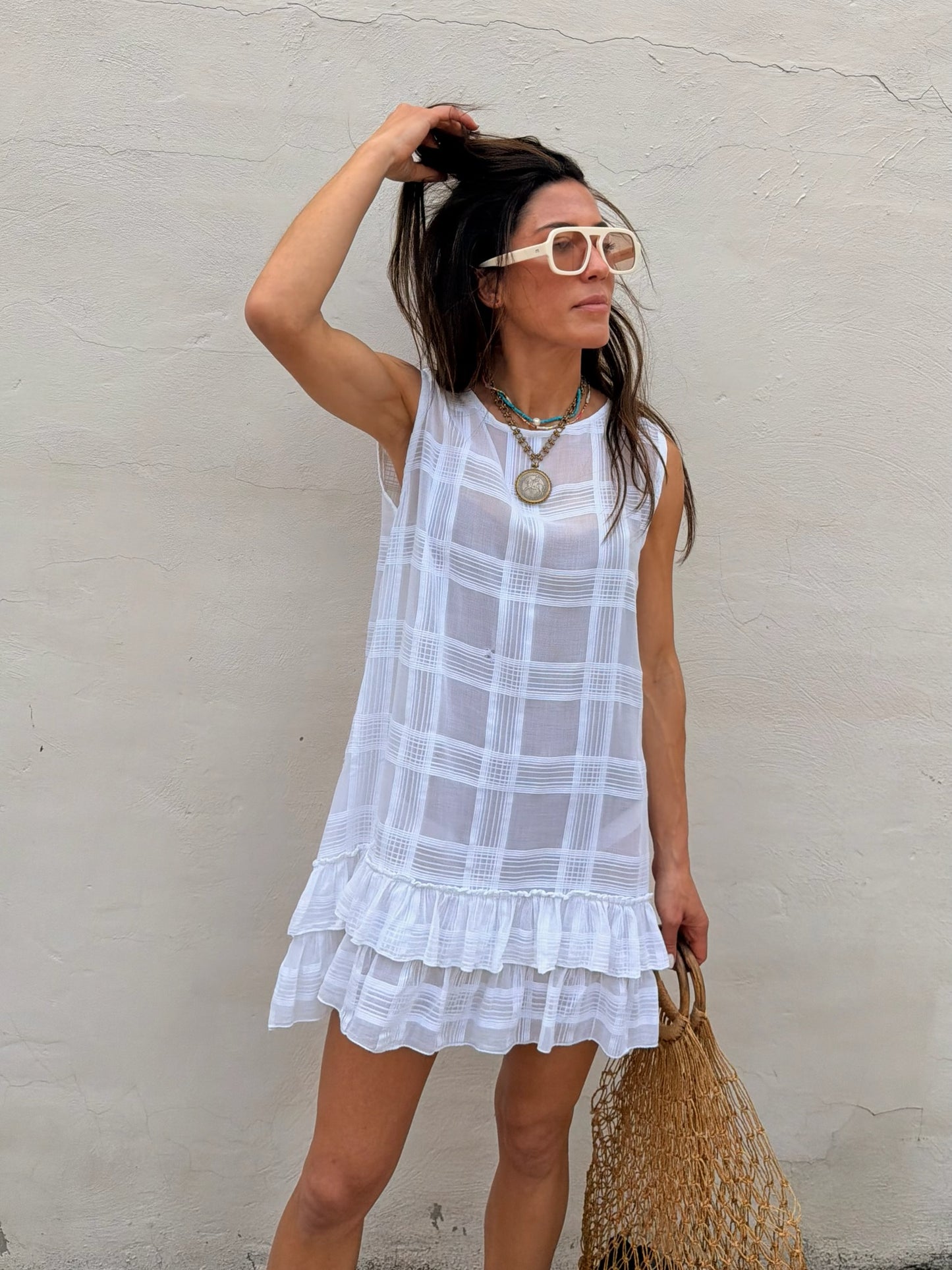 Sheer Check Ruffle Mini Dress