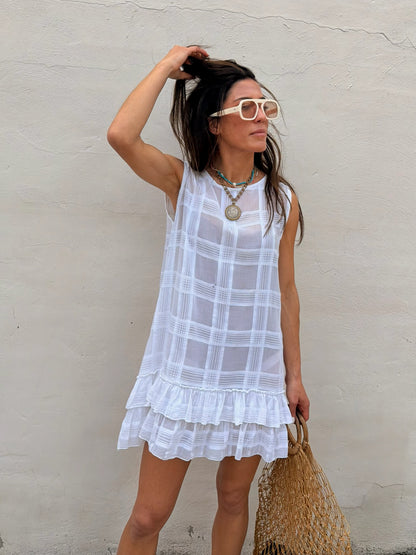 Sheer Check Ruffle Mini Dress