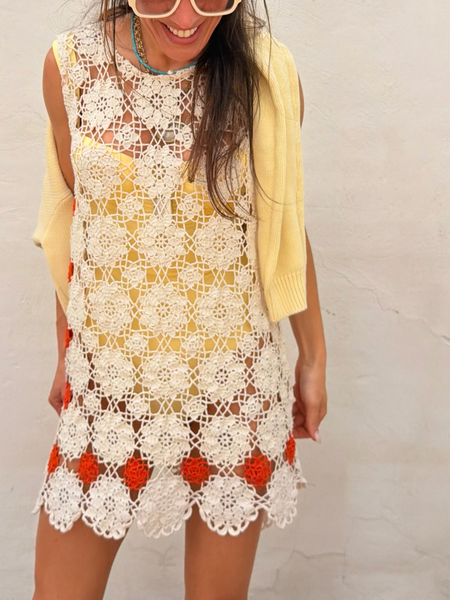 Orange and Ivory Crochet Mini Dress