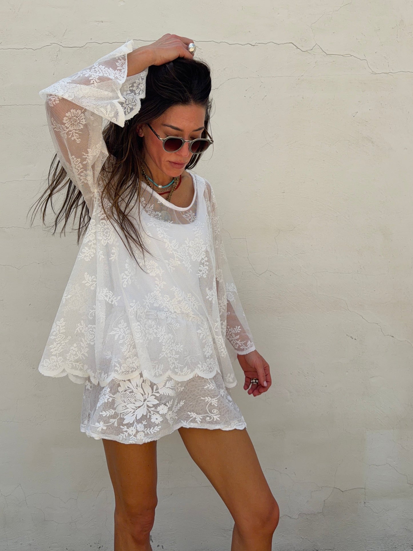 Sheer Lace Bell Sleeve Top