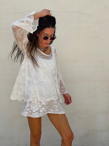 Sheer Lace Bell Sleeve Top