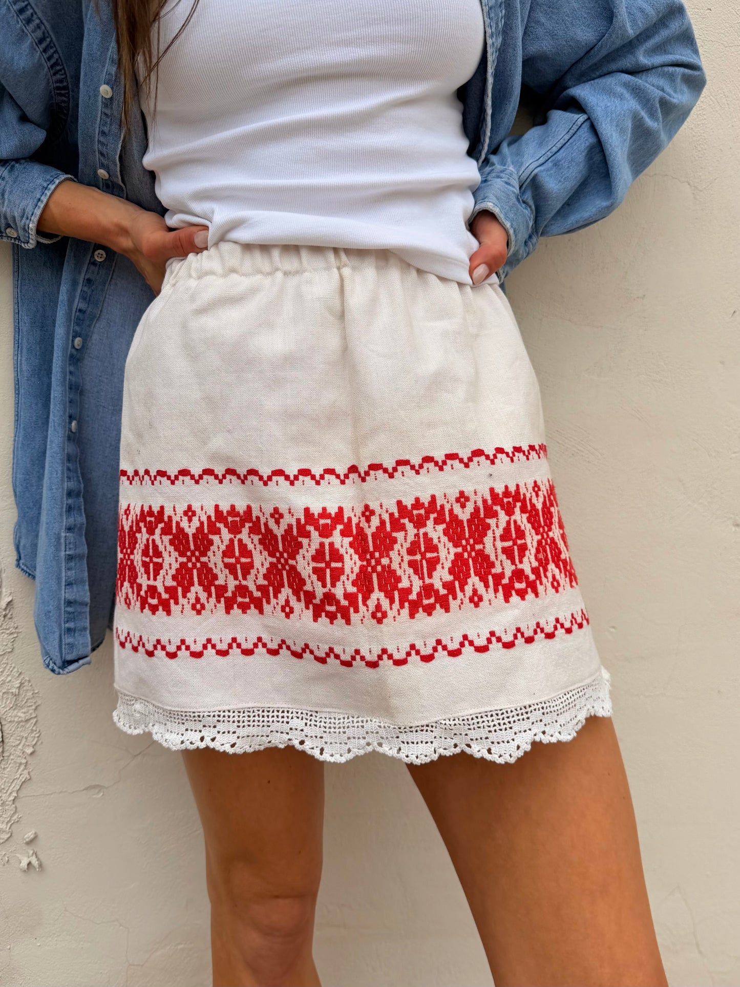 Red Embroidered Linen Mini w/ Lace Trim