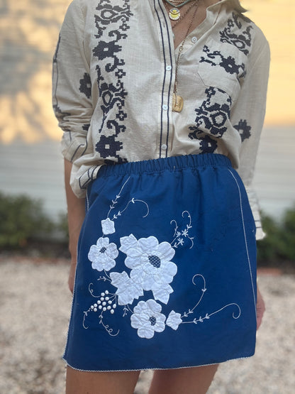 Vintage Blue and White Appliqué Mini Skirt