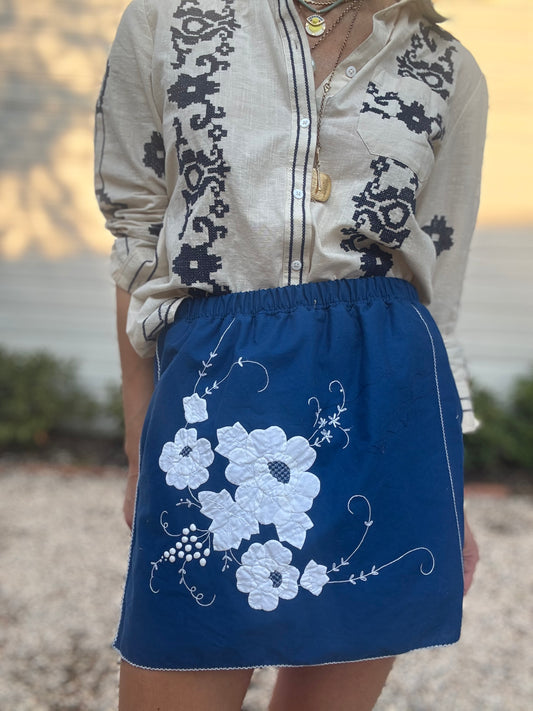 Vintage Blue and White Appliqué Mini Skirt