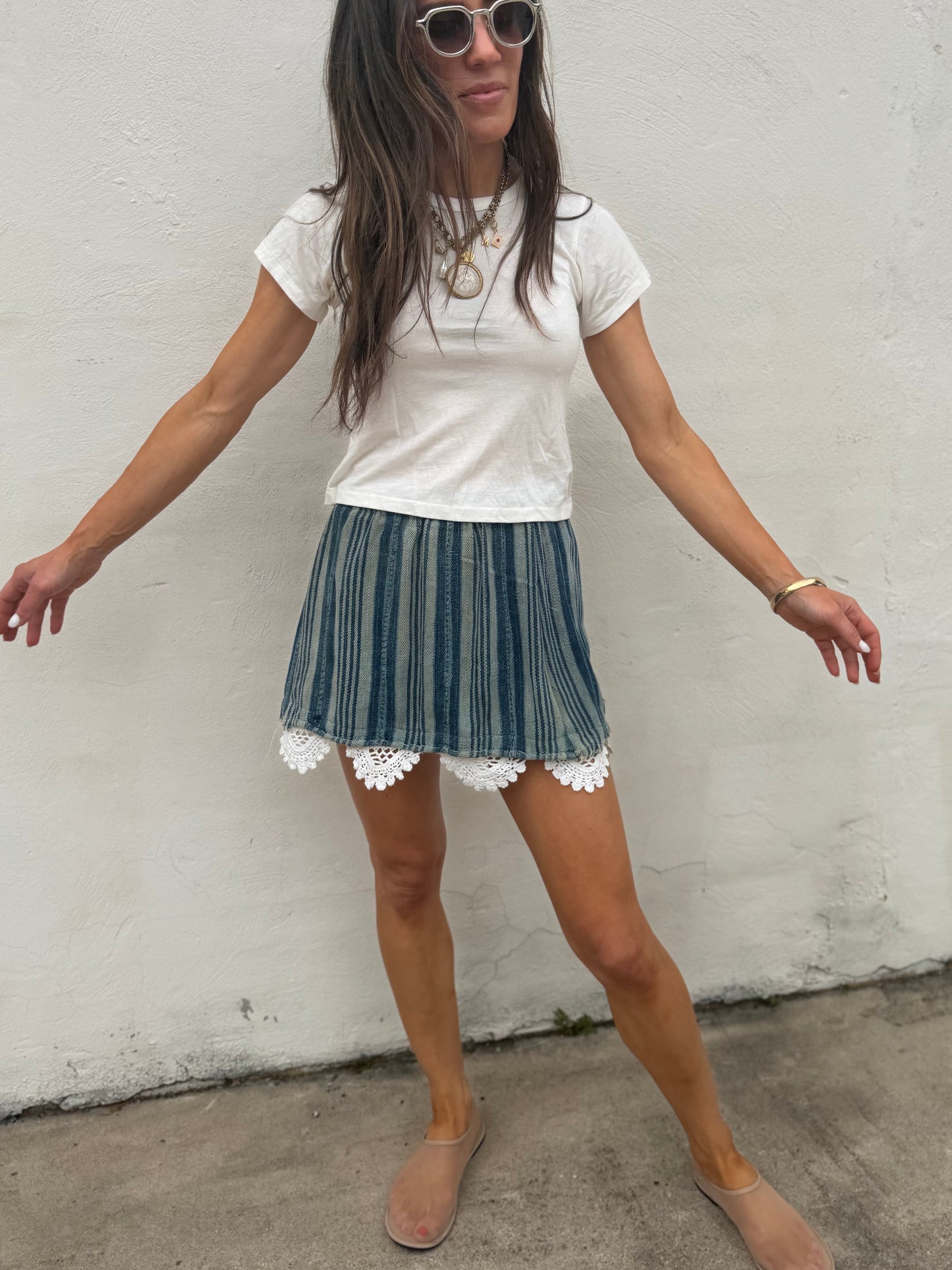 Indigo Stripe Baule Mini Skirt with Vtg Crochet Trim