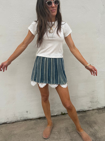 Indigo Stripe Baule Mini Skirt with Vtg Crochet Trim