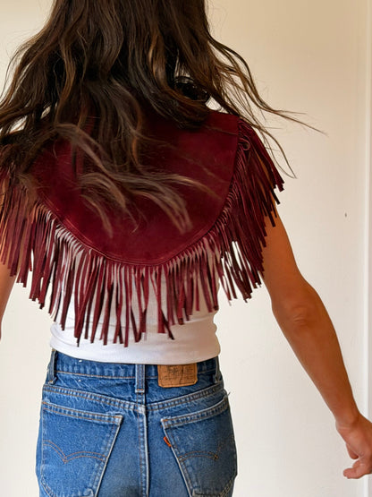 Burgundy Suede Fringe Capelet