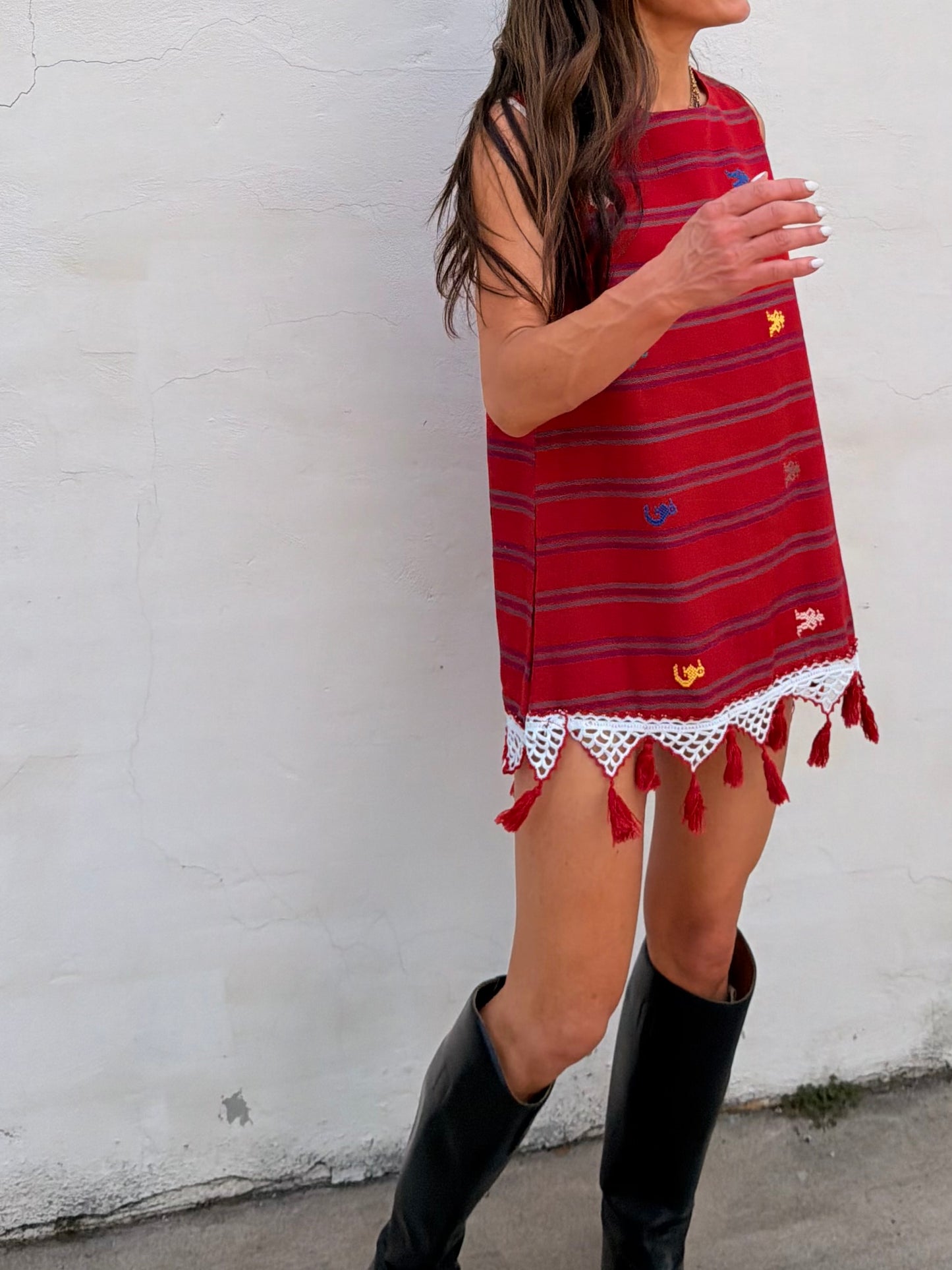 Red Guatemalan Embroidery Mini Dress with Tassel Trim