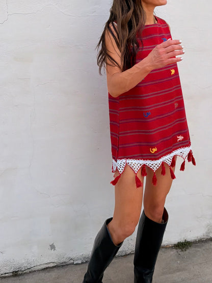 Red Guatemalan Embroidery Mini Dress with Tassel Trim