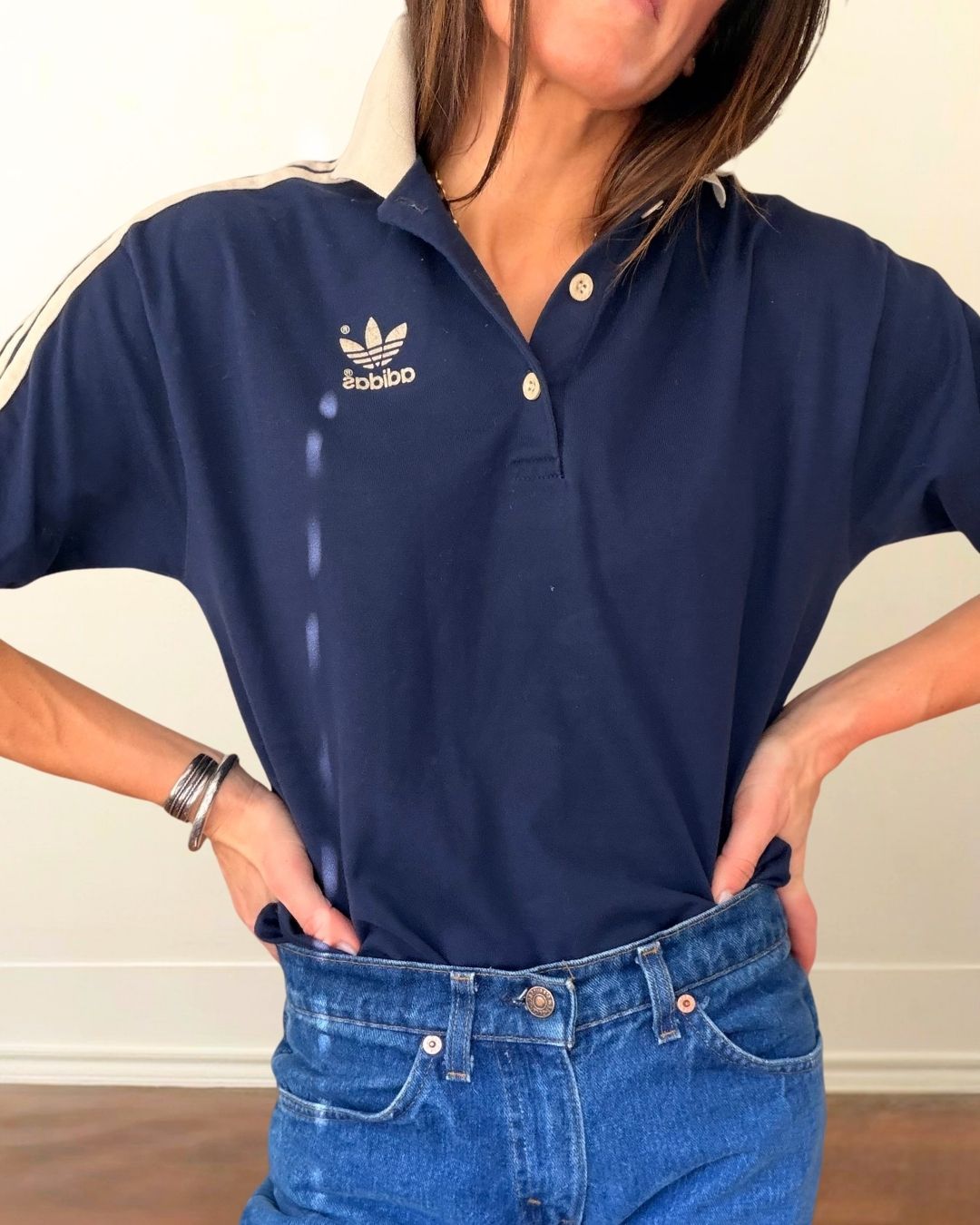 Vtg Adidas Trefoil Polo Navy