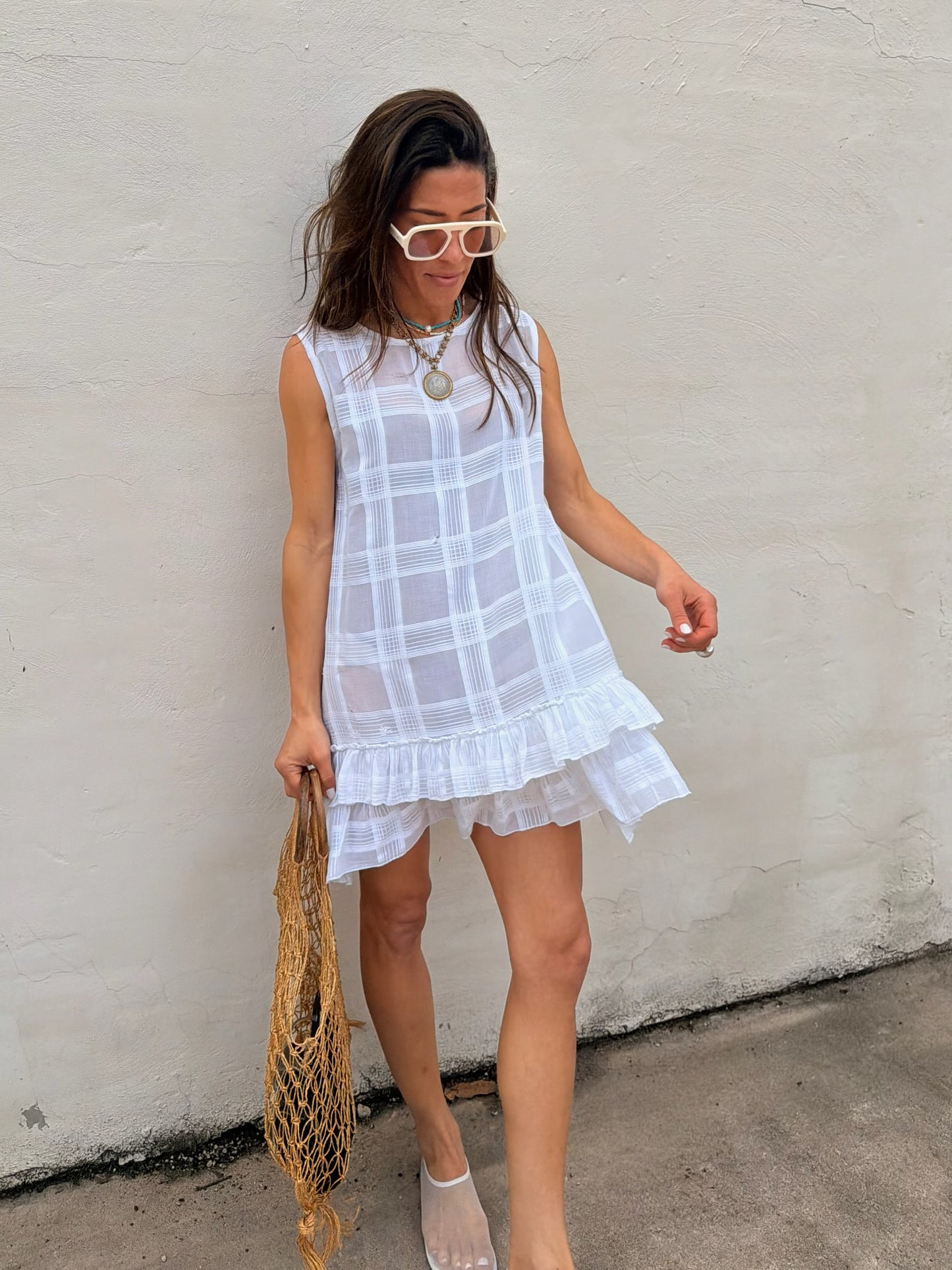 Sheer Check Ruffle Mini Dress