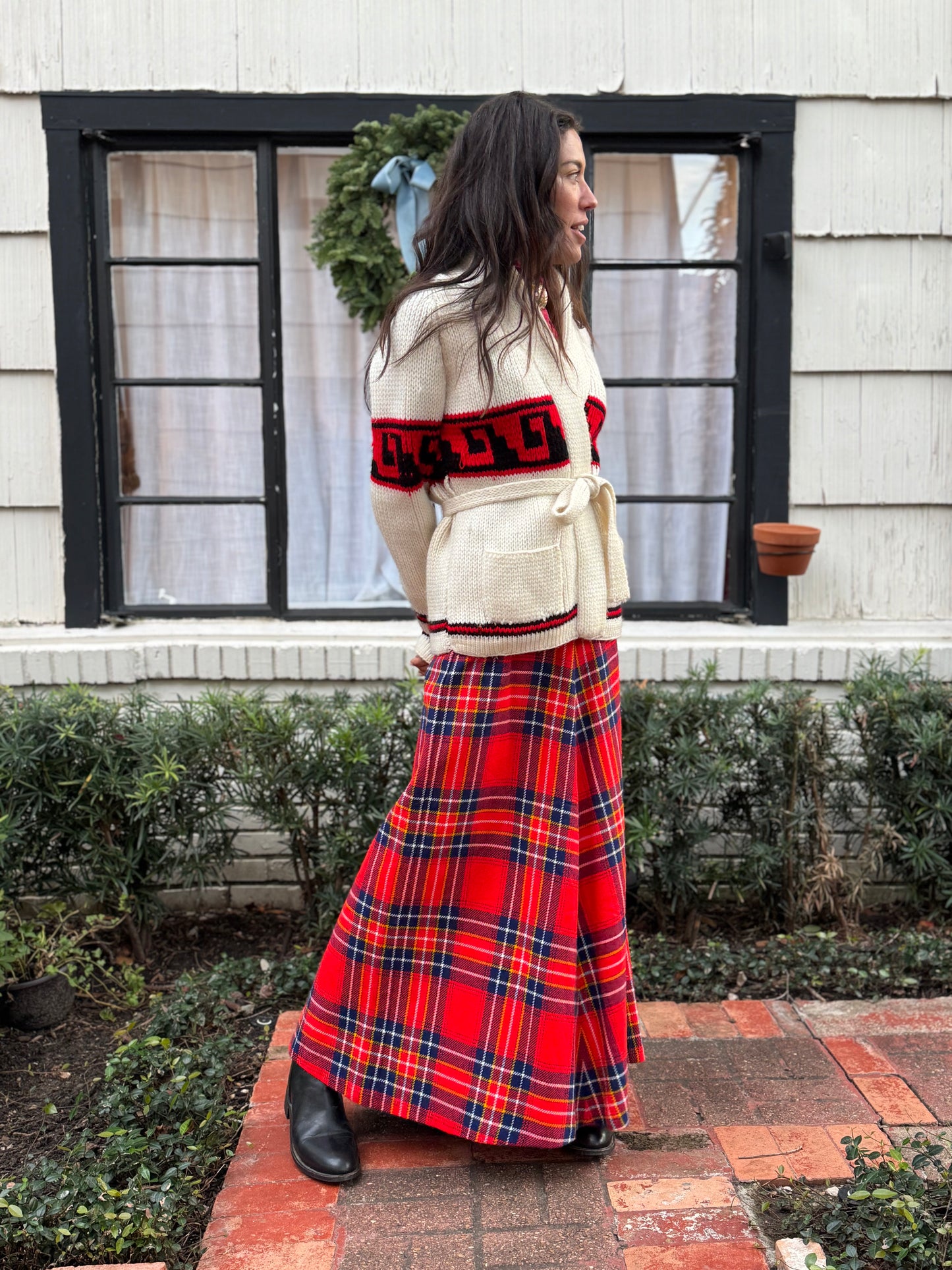 Bold Red Tartan Wool Maxi Skirt