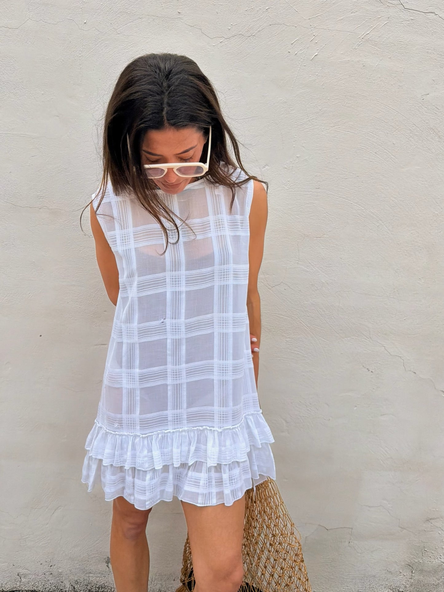 Sheer Check Ruffle Mini Dress