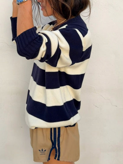 RL Cotton Crew Navy Stripe