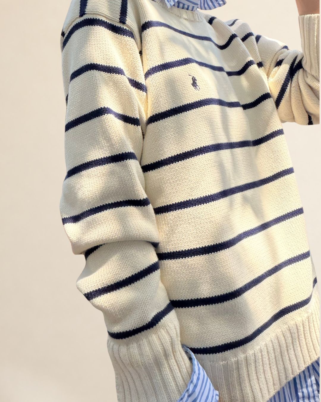 RL Cream/Navy Stripe Cotton Crew