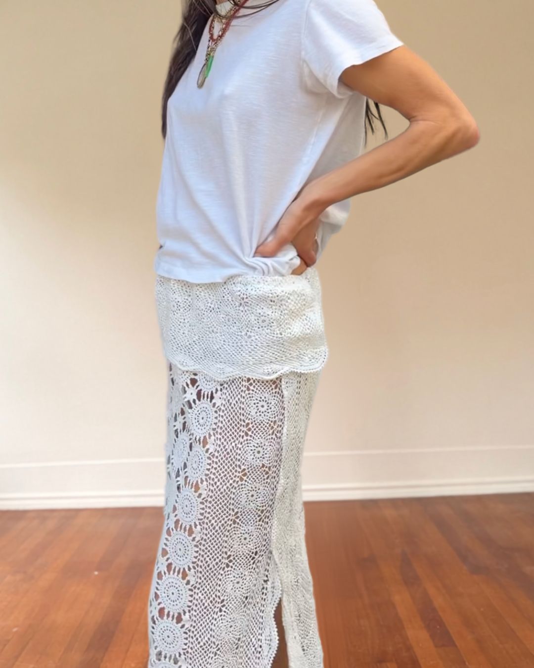 Crocheted Lace Midi Skirt with Fold Over
