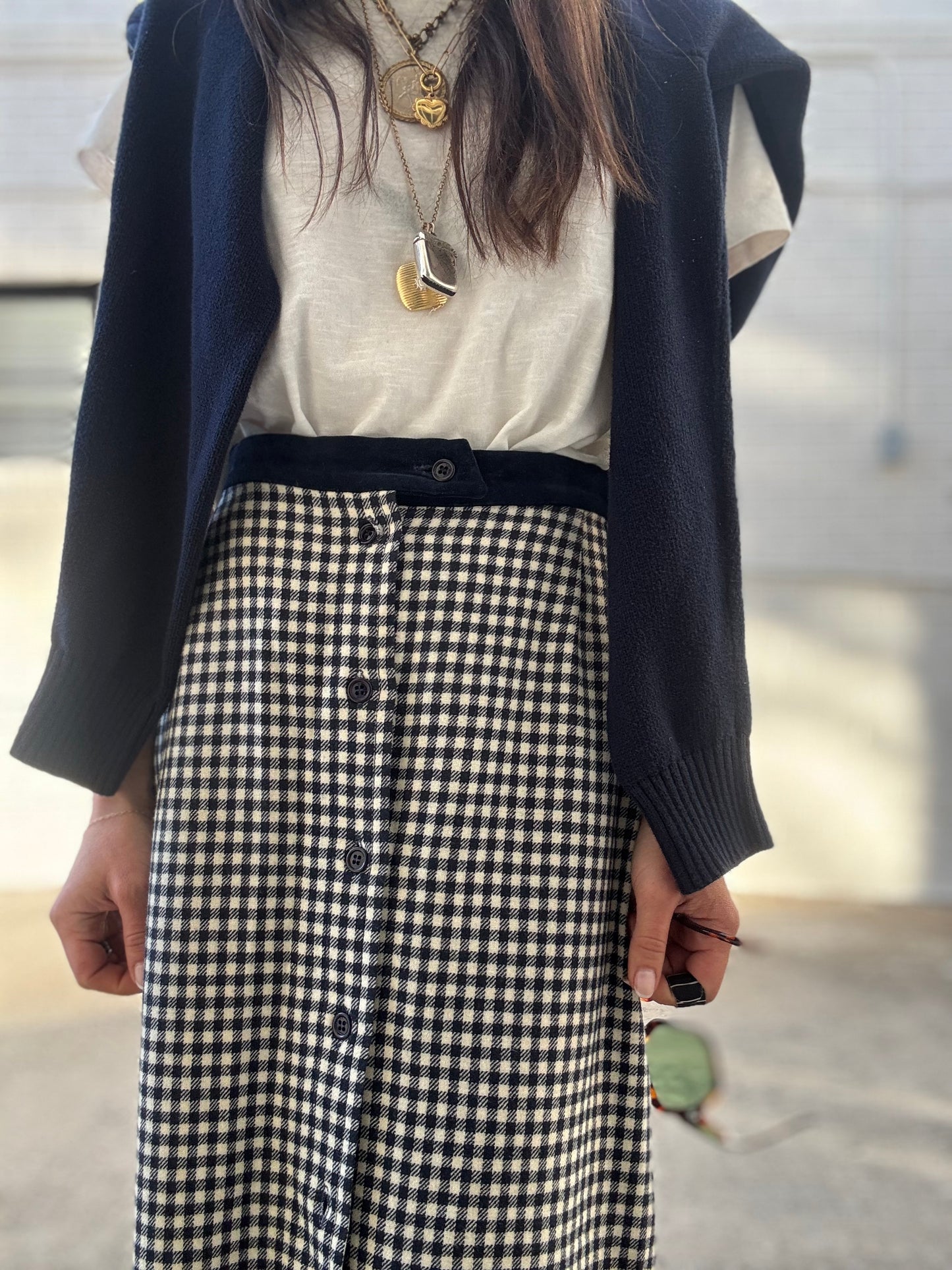 Navy Check Button Front Wool Skirt