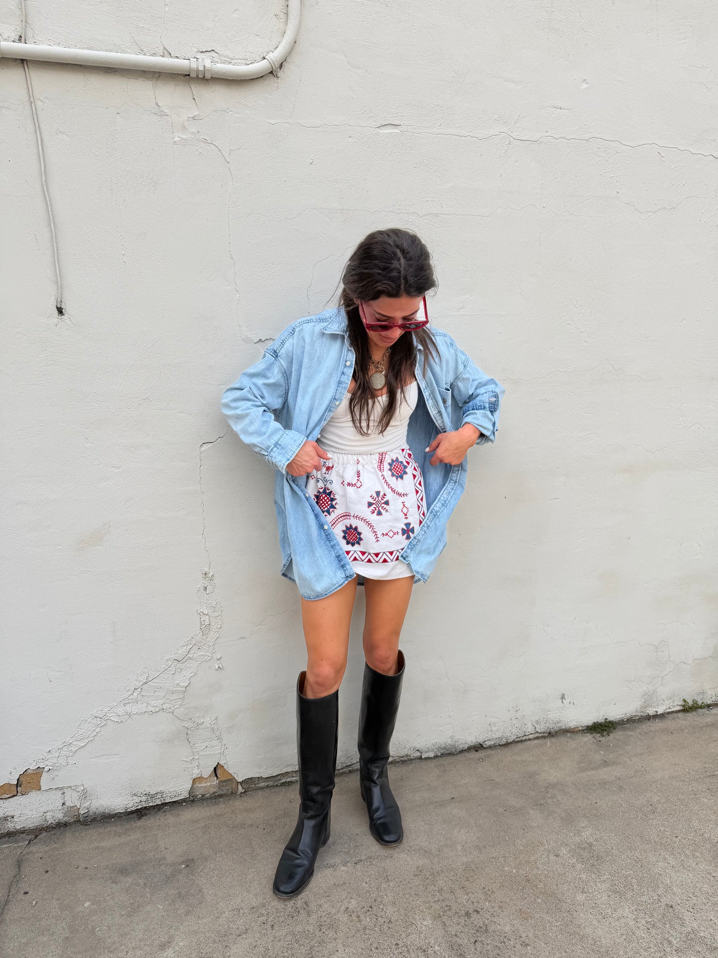 Scandi Red and Blue Embroidered Mini Skirt
