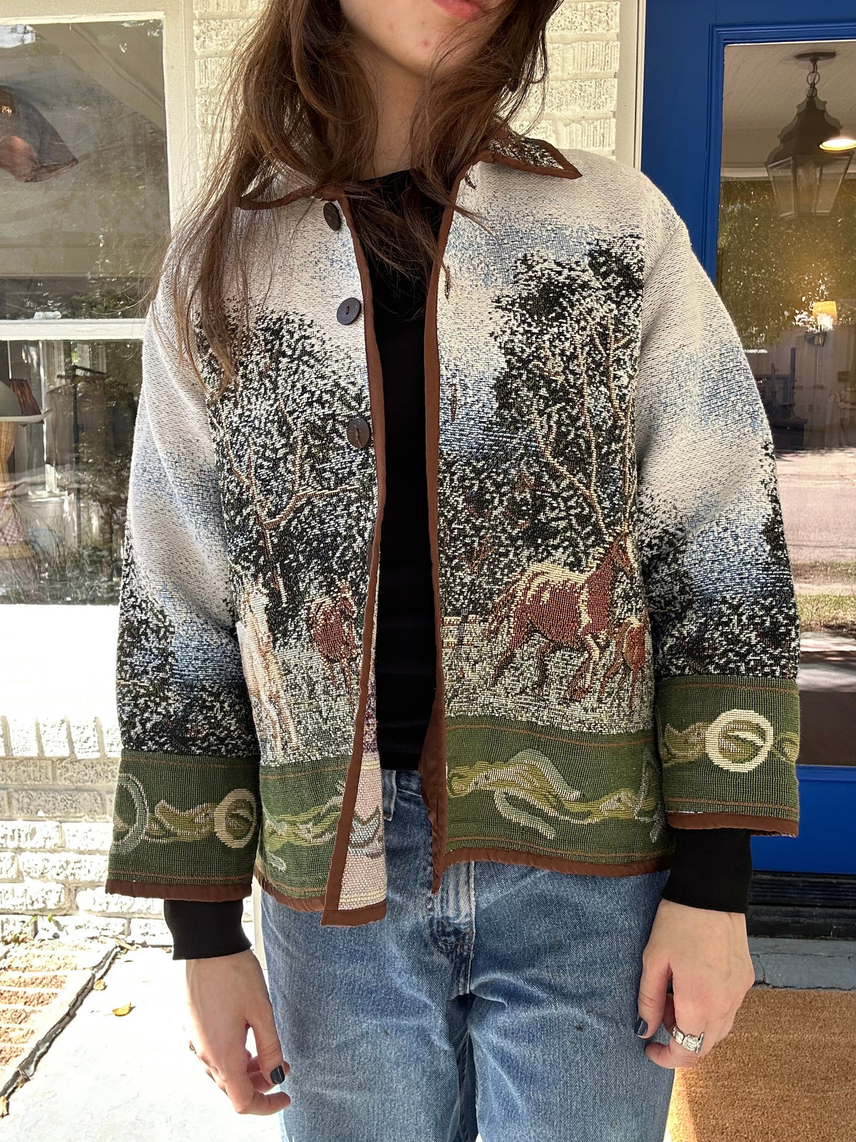 Vntg Equestrian Tapestry Jacket