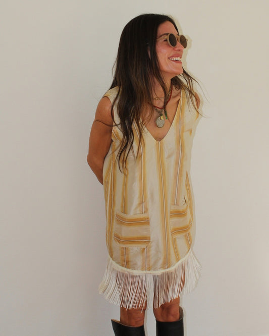 Taffeta Stripe Tan Mini Dress with Fringe