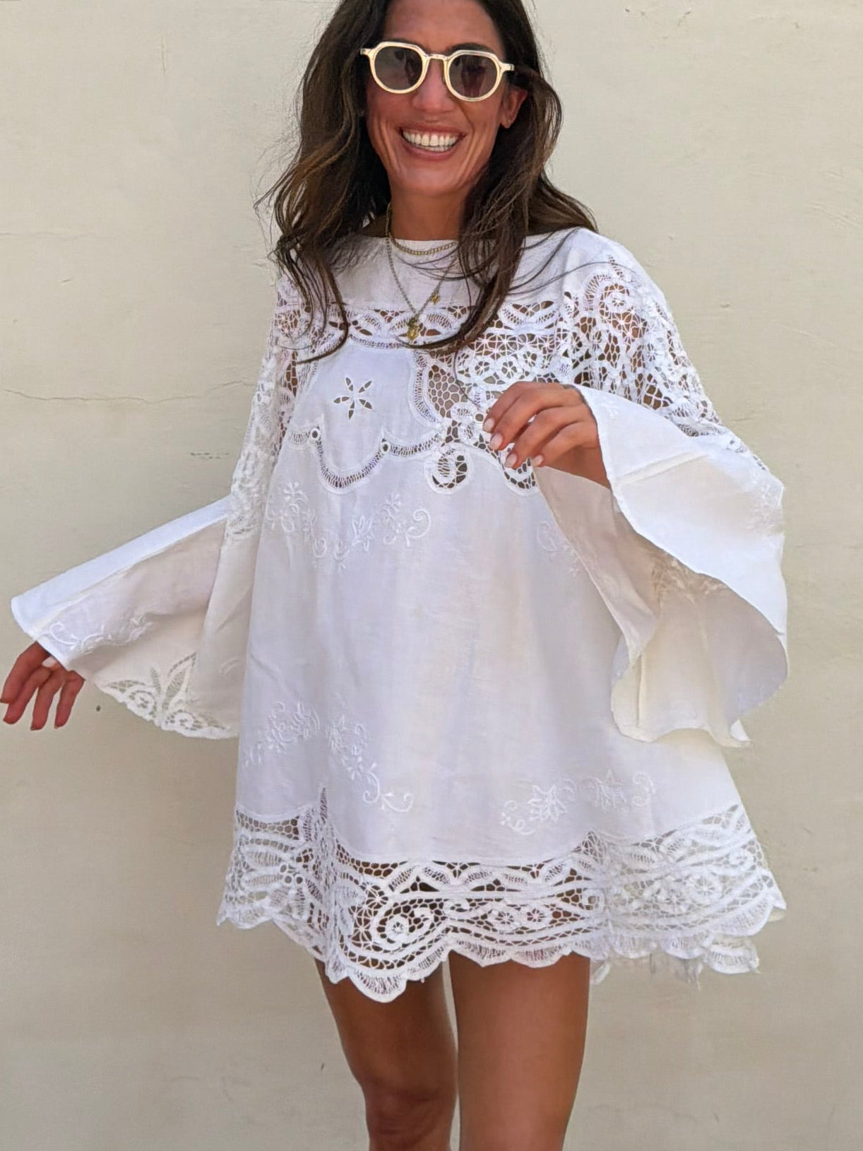 Bell Sleeve Cutwork Mini Dress
