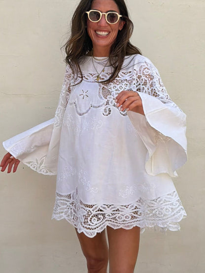 Bell Sleeve Cutwork Mini Dress