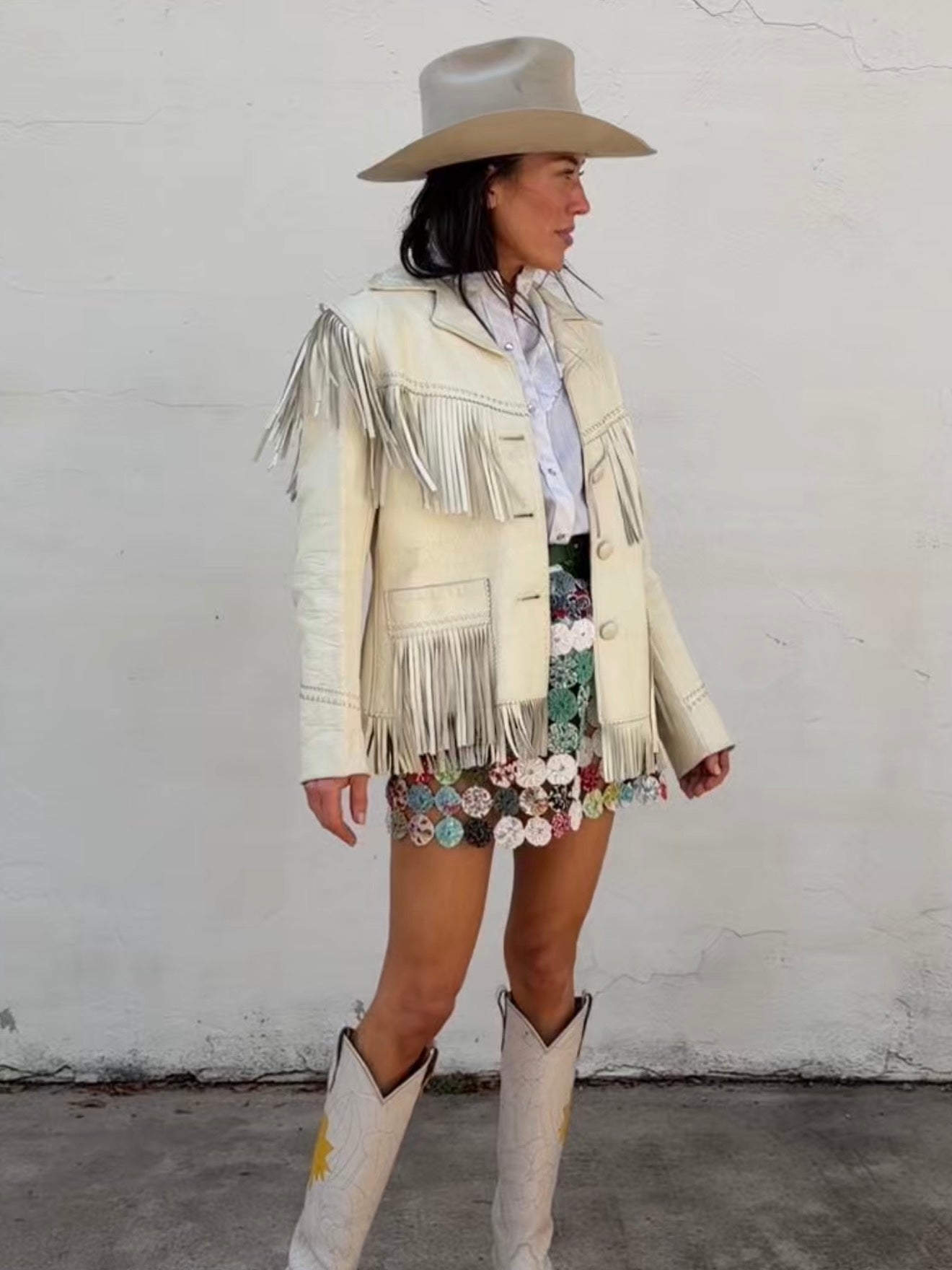 Cream Leather Fringe Jacket