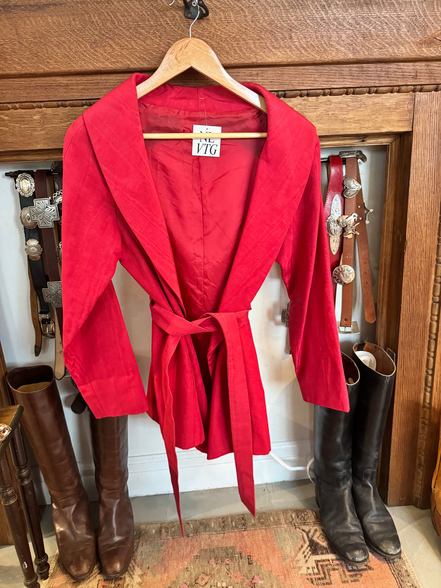 60s Pink-Red Silk Moire Wrap Coat
